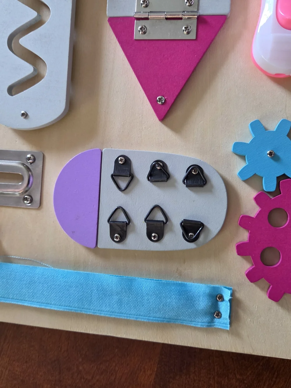 Wooden Montessori Busy Board for Kids - Pink, Turquoise, White